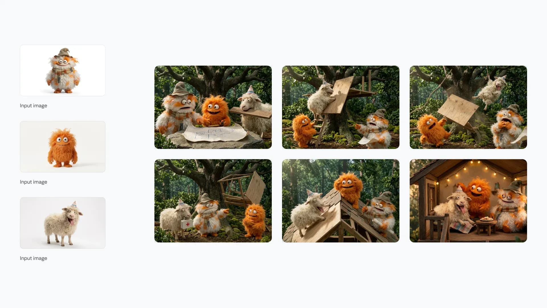 Consistent characters appearing across a sequence of generated scenes